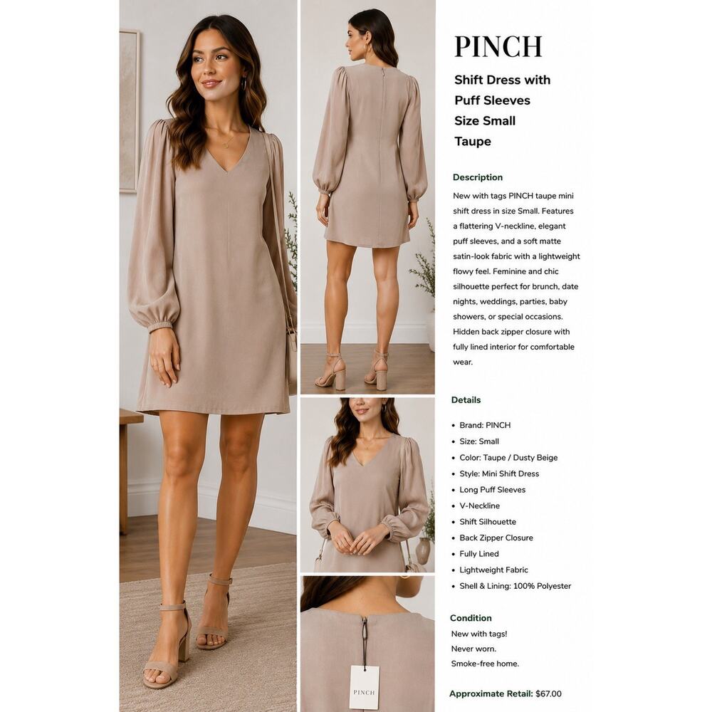 Pinch Shiny Shift Dress Small Taupe Puff Sleeve Mini Party Cocktail Dress, NWT